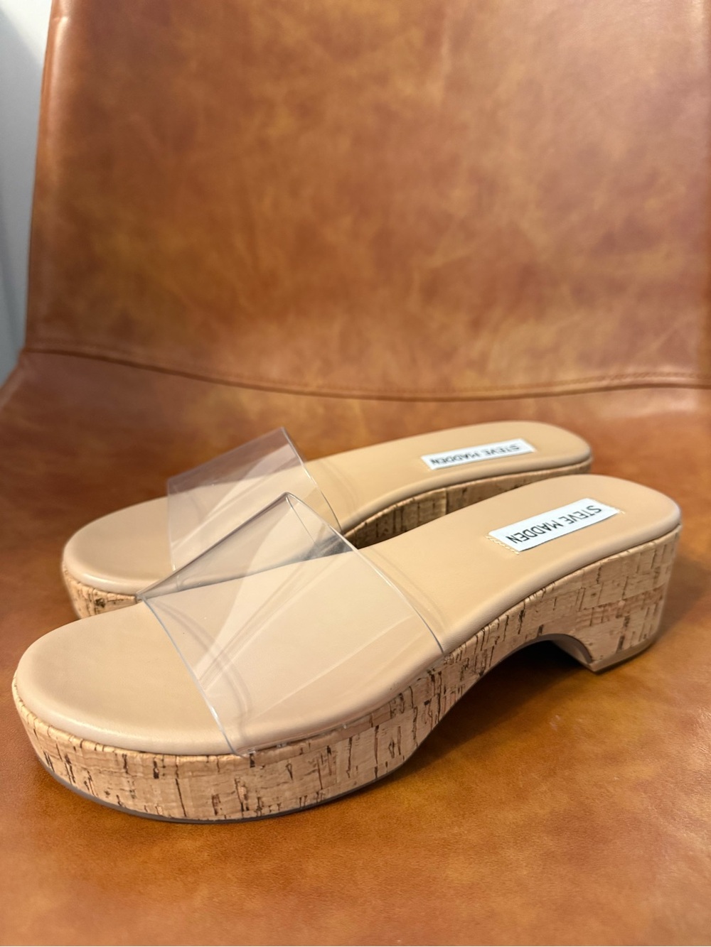 Steve Madden Beige Cork Platform Slides with Clear Strap
